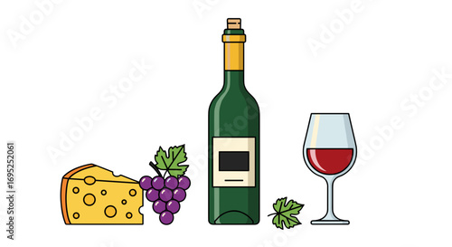 Illustration of a wine bottle with a glass of red wine, cheese and grapes on a white background scene here