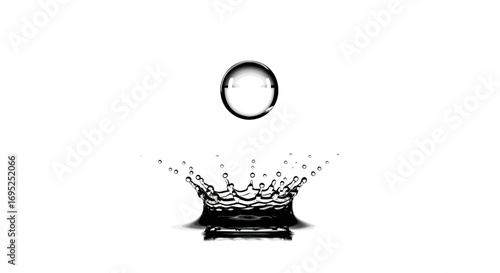 Moment of impact: water droplet creating a crown-like splash against white backdrop