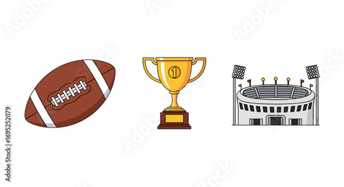 Illustration showing a football, a golden trophy and a stadium with floodlights on a white background