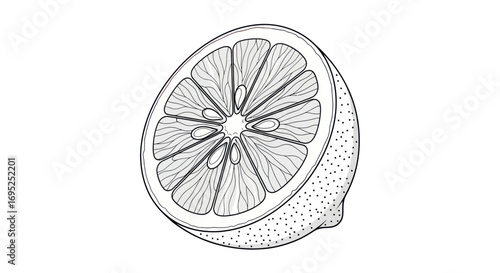 Monochrome drawing of a cut lemon showcasing its inner structure and textured peel