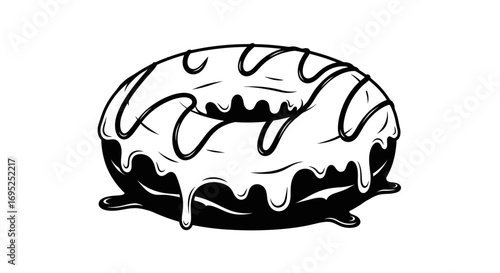 Monochrome illustration of a delicious donut with flowing glaze tempting treat dessert isolated