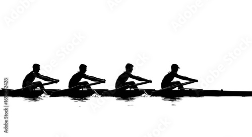 Silhouette of synchronized rowing team training on the water in monochrome style