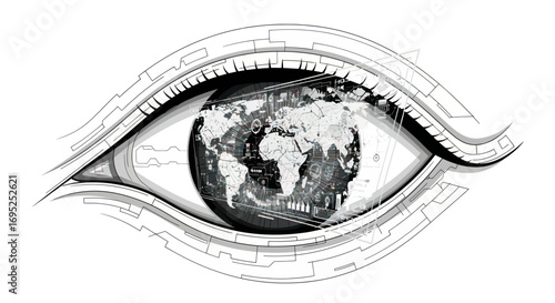 Technological vision of the world, an eye with global data insight represented with linear and