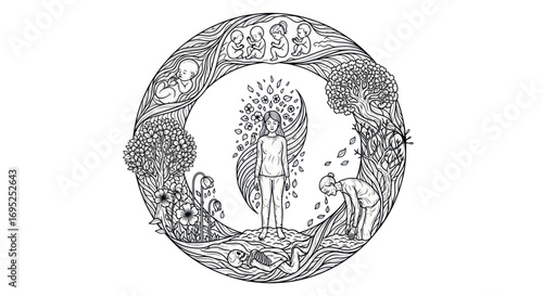 The endless circle of life symbolic depiction through woman, plants and aging process