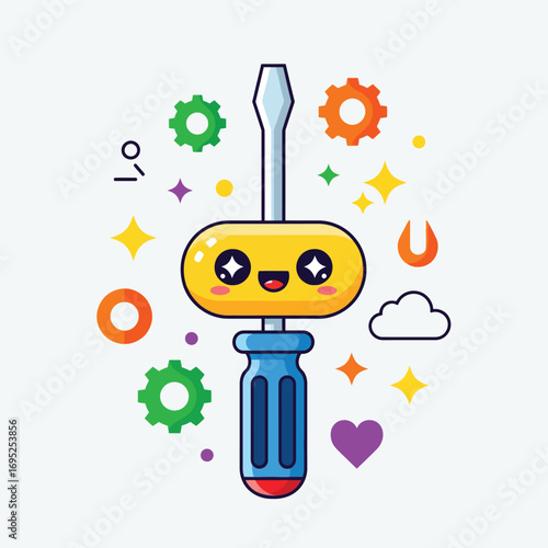 Cute Screwdriver Character Tool with Gears and Sparkles - Kawaii Style Illustration