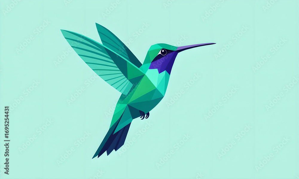 Naklejka premium Geometric Hummingbird Illustration: Abstract Bird in Flight on Light Blue Background