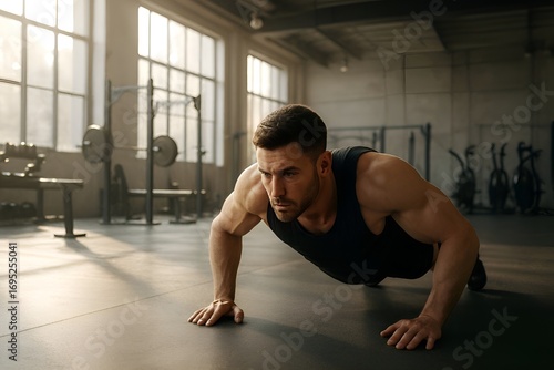 Ultra realistic photo of athletic man doing push-ups in modern gym with sunlight beams, fitness training, health and sports concept