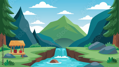 A serene grotto by a mountain stream the perfect spot to enjoy a quiet picnic surrounded by natures beauty.