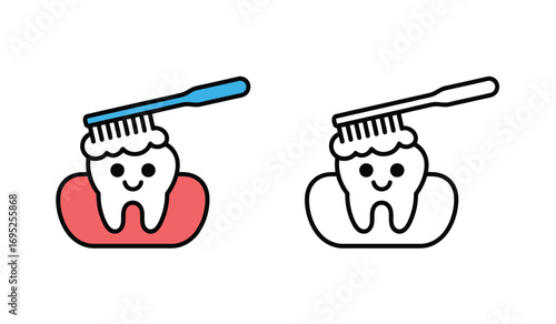 Cute smiling tooth getting brushed with a toothbrush illustration design