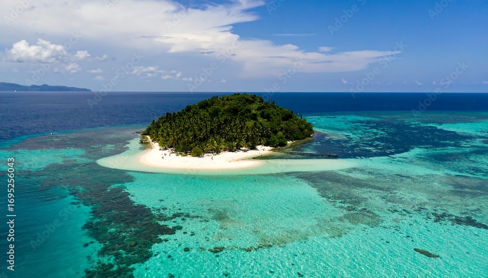 Fototapeta premium Aerial view of a tropical island with white sand beach and turquoise water