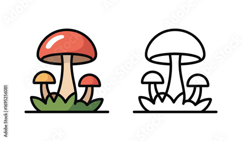 Mushroom illustration set in color and black and white versions