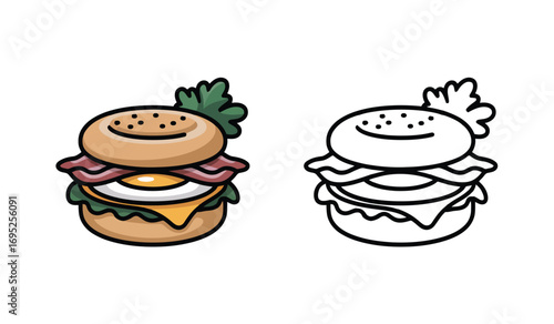 Delicious Burger Cartoon with Toppings and Outline Style Illustration