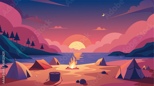 As evening falls the sky lights up in shades of pink and orange casting a warm glow over the sandy beach where campers gather for smores and stories.