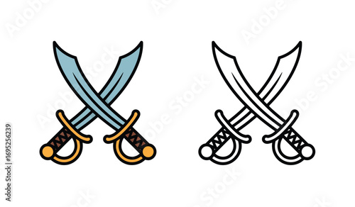 Crossed pirate swords icon in color and black outline drawing