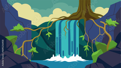 Intricate vines and roots cling to the rocks and trees adding a touch of wildness to the tranquil setting of the waterfall and reminding visitors of the power and resilience of