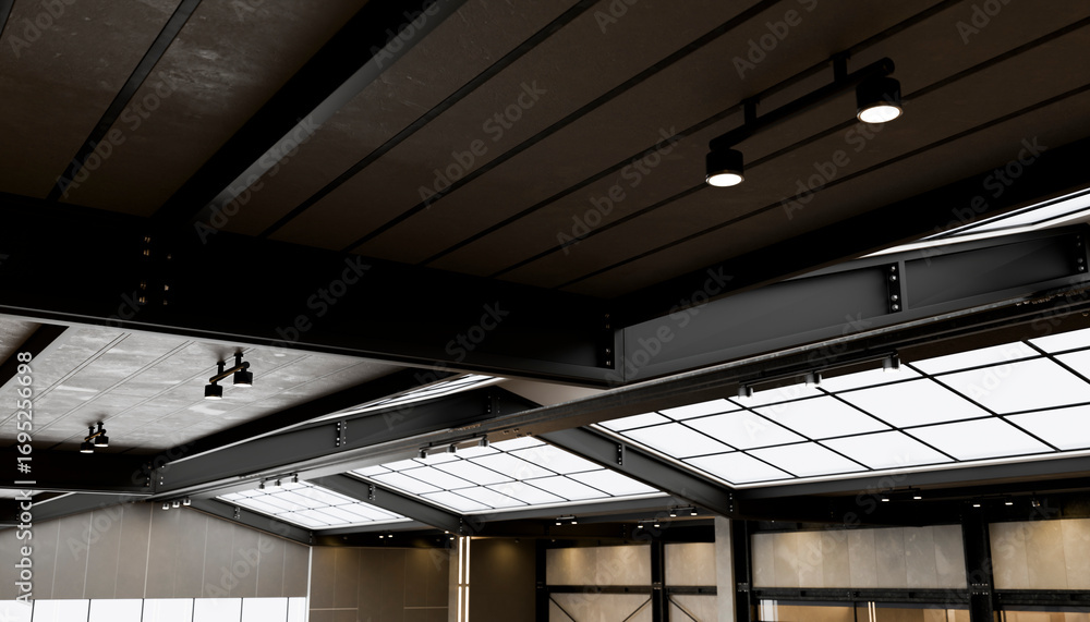 Obraz premium Industrial ceiling with exposed beams and skylight illuminating modern interior - 3D render