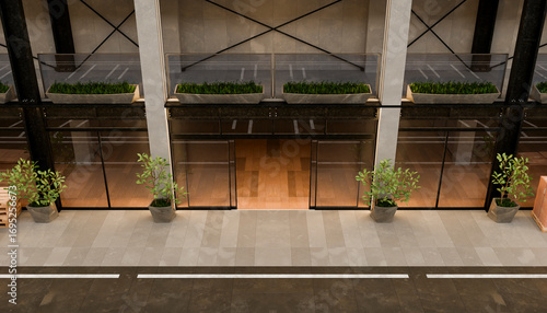 Modern building facade with open sliding doors revealing wooden floor - 3D render
