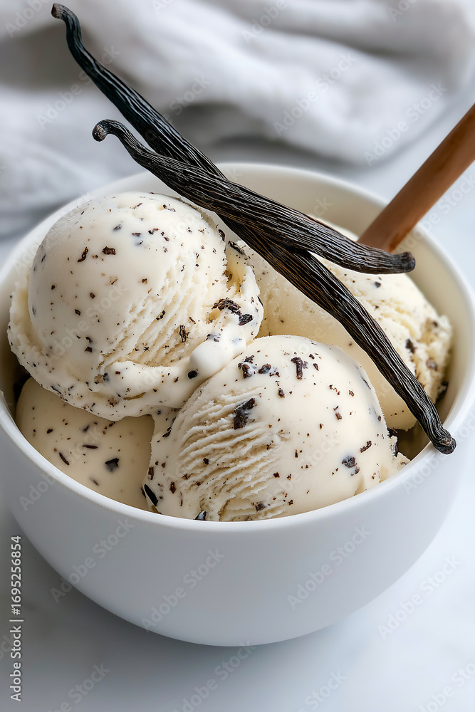 Fototapeta premium Vanilla ice cream dessert in a bowl with delicious scoops and flavor of gourmet treat