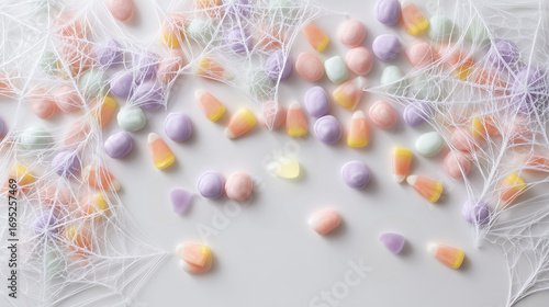 pastel halloween candies with candy corn and spider webs
