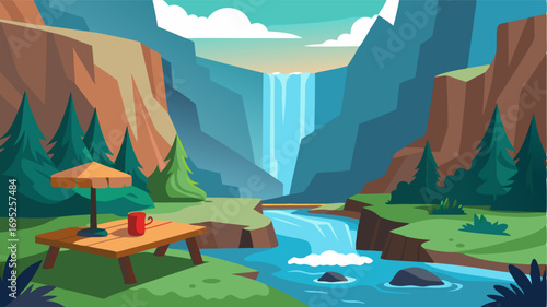 A serene picnic spot by a glistening stream surrounded by towering cliffs and cascading waterfalls.