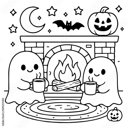 Cute Halloween coloring page with two ghosts drinking cocoa by the fireplace, pumpkin, bat, moon and stars. Cozy kawaii spooky season. Outline cartoon vector illustration