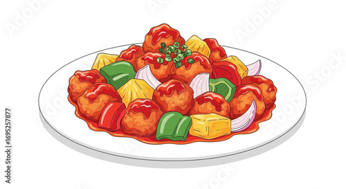 Whimsical illustration of sweet and sour meatballs with colorful vegetables