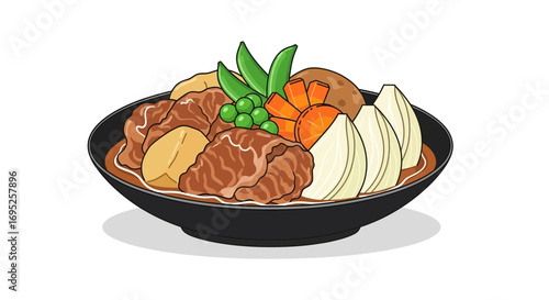 A bowl full of Nikujaga traditional japanese stew with meat and vegetables