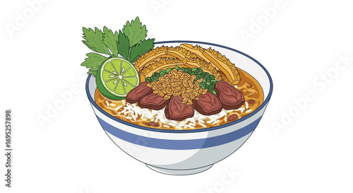 A bowl of Soto Betawi illustration filled with delicious colorful toppings
