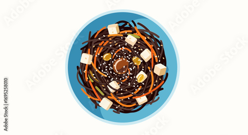 Artistic depiction of soba noodle salad with tofu cubes and toppings