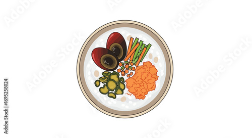 Artistic overhead view of rice porridge with colorful assorted toppings