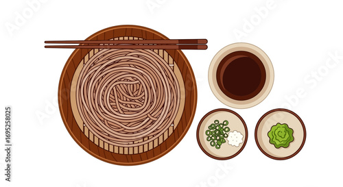 Artistic illustration of soba noodles with condiments and chopsticks