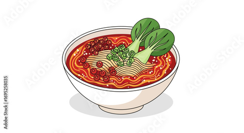 Artistic ramen bowl illustration with pak choi and spicy topping design