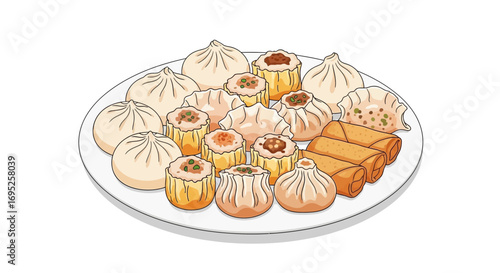 Assorted dim sum selection on a white plate with diverse textures