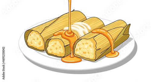 Artistic Representation of Tamales with Honey and Cream on a White Plate