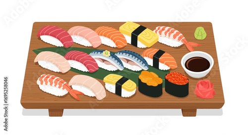 Assorted sushi platter on wooden serving board with wasabi and soy sauce