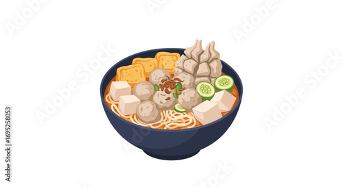 Authentic asian bakso bowl illustration with savory broth and noodles