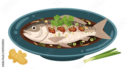 Asian cuisine featuring a fish dish with garnish on a blue plate design
