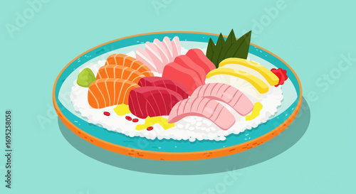 Assortment of sashimi slices over rice on a colorful plate design