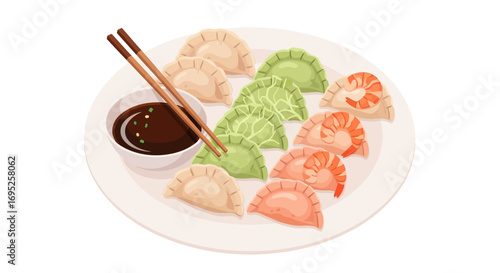 Assorted delightful dumplings with vibrant colors and dipping sauce