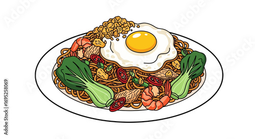Authentic asian noodle dish featuring a sunny side egg with vegetables