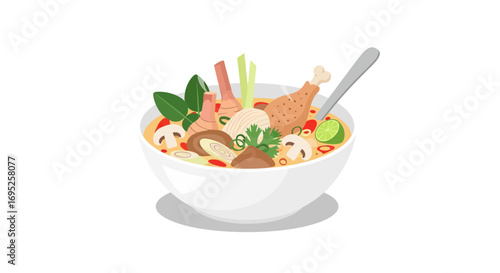 Authentic and Appetizing Tom Yum Soup with Chicken in a Bowl Illustration