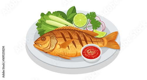 Crispy fried fish served with fresh herbs, lime and vibrant dipping sauce