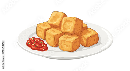 Crispy fried tofu cubes served with spicy chili sauce on white plate