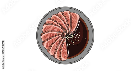 Delicate Slices of Tataki Illustration in a flavorful Soy Sauce Bowl