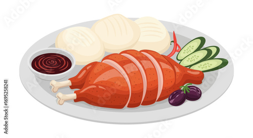 Delicious and appetizing plate featuring roasted duck and accompaniments