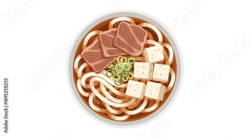 Delicious and appetizing udon noodle soup with beef and tofu illustration