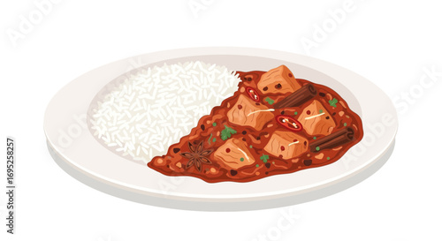 Delicious and colorful cartoon rendering of tofu masala with steamed rice