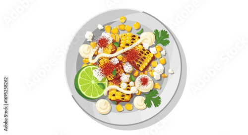 Delicious and Colorful Elote Salad on a White Plate Illustration