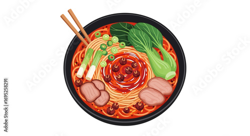 Delicious appetizing ramen bowl illustration with various toppings isolated