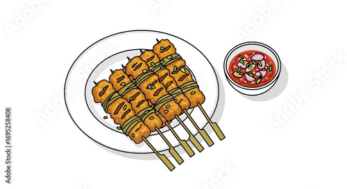 Delicious chicken satay illustration with peanut sauce for Indonesian cuisine